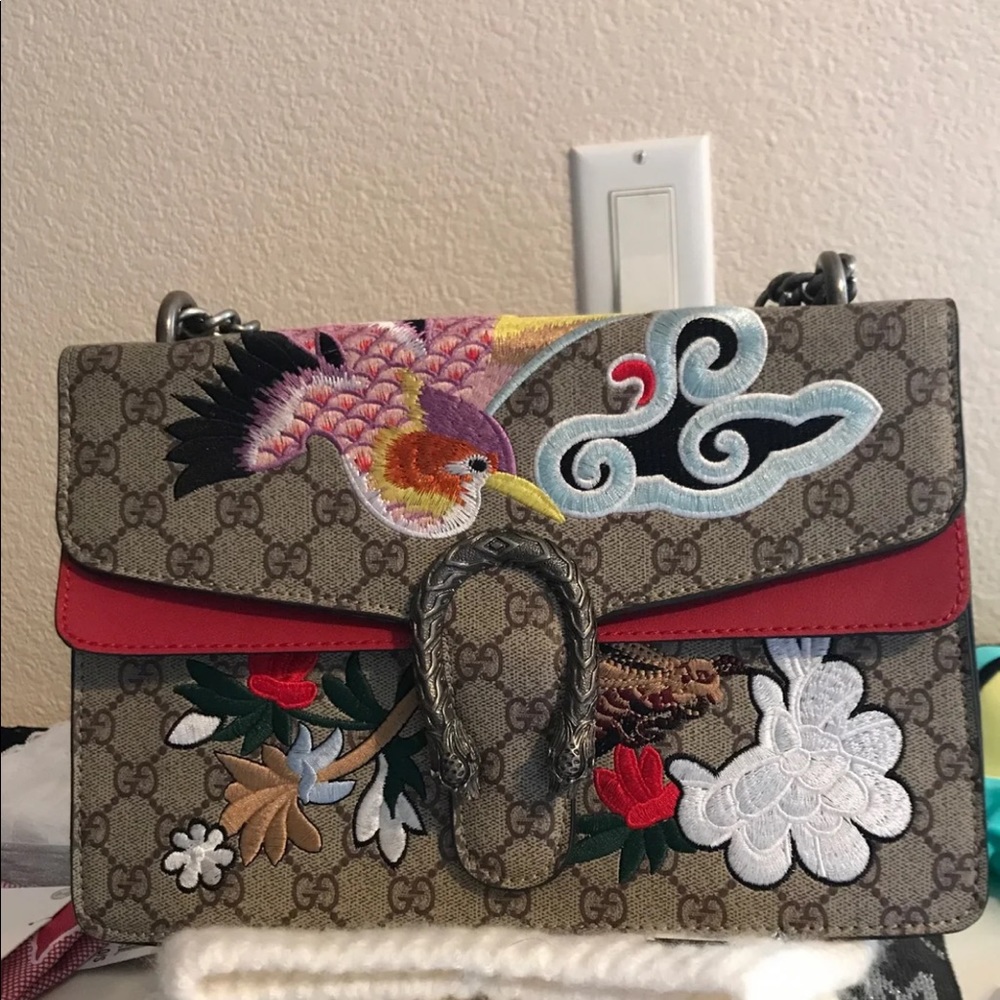 Beige and Red Shoulder Bag with Embroidered Design